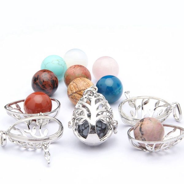 

life tree alloy detachable water drop shape pendant necklace natural stone crystal agate bead may open hangings accessories crystals ball fa, Silver