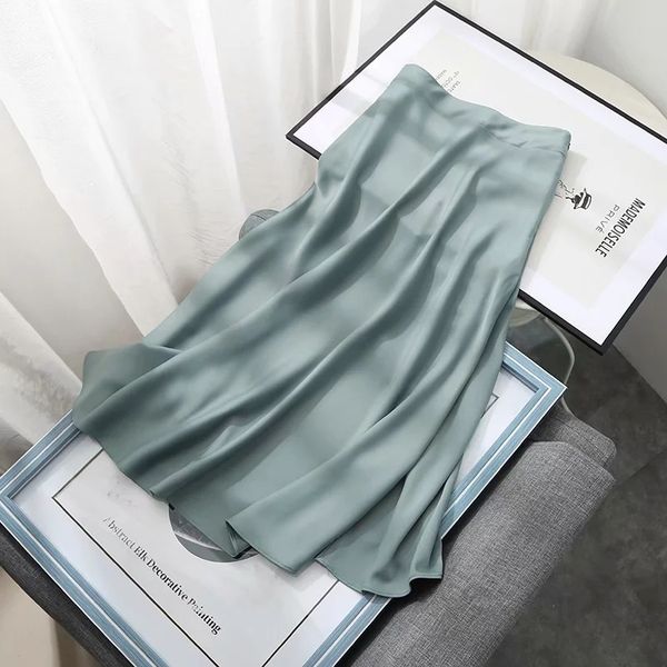 

2021withered summer faldas mujer moda 2021 midi skirts womens england office lady satin high waist simple elegant long skirt women, Black