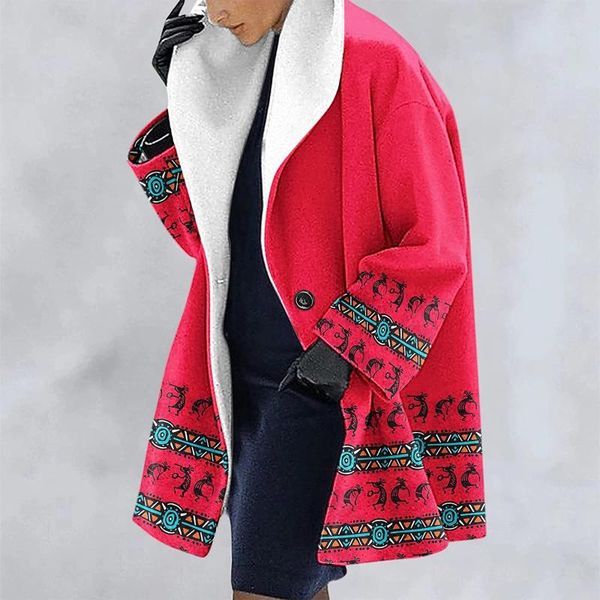 

women's trench coats 2021 autumn winter women thick woolen cloth ethnic printed hooded jacket windbreaker cardigan plus size female ove, Tan;black