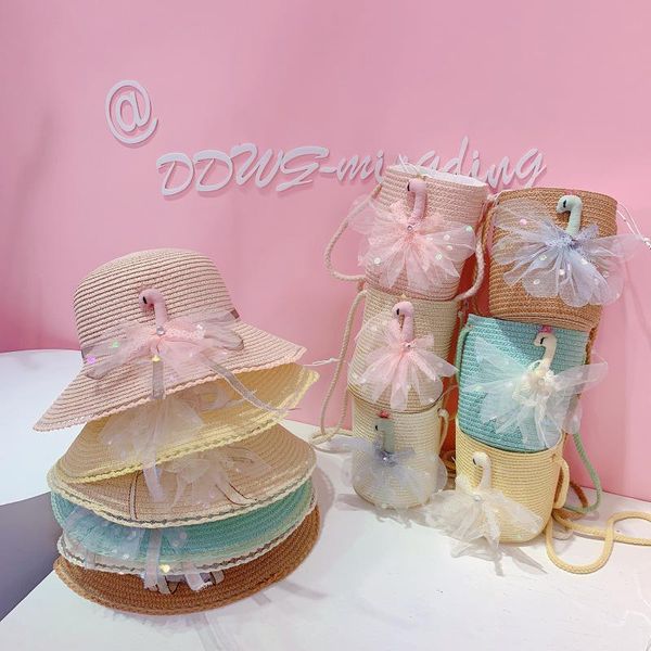 

summer baby straw hat flower breathable with handbag bags kids boy girls sun visor panama beach travel cap gorras caps & hats, Yellow