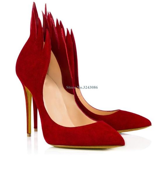

red black faux suede fire thin high heel pumps basic pointed toe stiletto dress shoes elegant concise style women