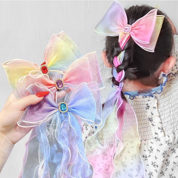 

hair accessories korean horsetail butterfly hairpins girl long ribbon bow hairbands clip children kid hairgrips yarn tiara, Slivery;white