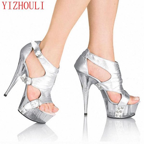 

punk ultra high heels 15cm buckle 6 inch cone crystal shoes cover heel performance sandals, Black