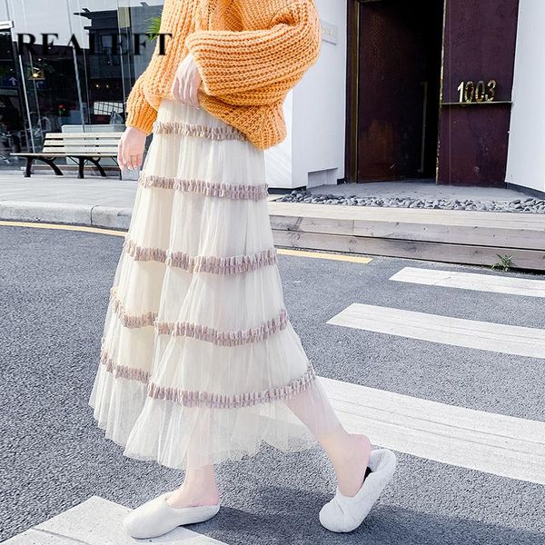

skirts realeft spring summer 2021 ruffles patchwork chic women long korean style high waist mesh a-line cake female, Black