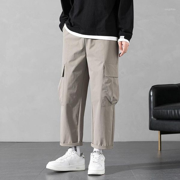 

men's pants 2021 autumn straight fashion loose casual wide-leg overalls drawstring streetwear harajuku cargotrousers, Black