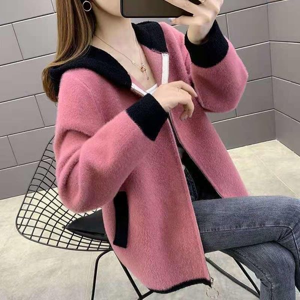 

women's jackets sweet hooded knitted cardigan jacket short autumn dress mink like sweater for women in 2021 coat, Black;brown