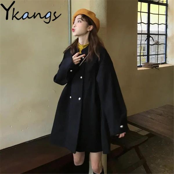 

women's wool & blends elegant loose long sleeve double breasted woolen cloth coat harajuku vintage stand-up collar jacket autumn winter, Black