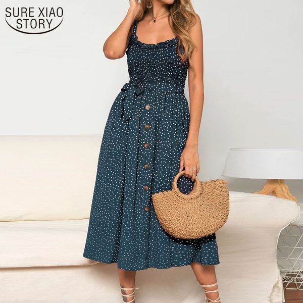 

arrival summer slash neck sleeveless party beach print midi dress women's sling polka dot long dresses casual sundress 13189 210508, Black;gray