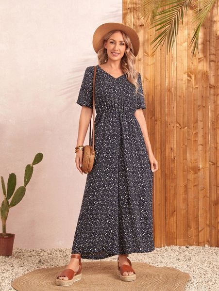 

emery rose ditsy floral print shirred jumpsuit d2ws#, White