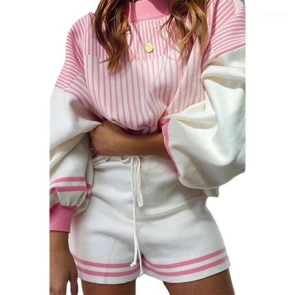 

women's tracksuits 2021 fashion women suit autumn casual round neck pullover striped long-sleeved sweater shorts home two-piece, Gray