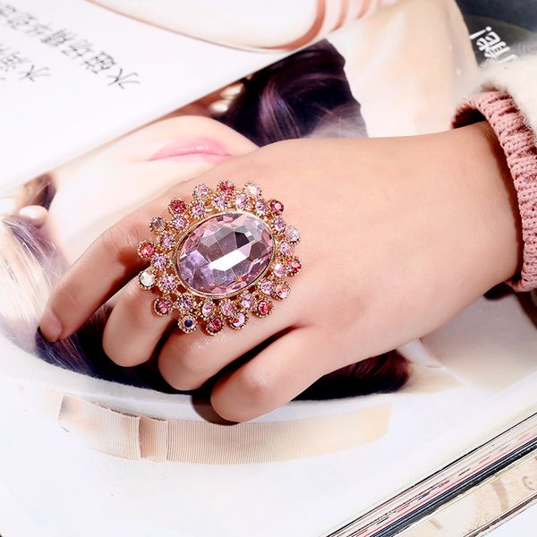 

vintage colorful cz zircon geometric ellipse big rings for woman luxury crystal flower gold color opening large rings jewelry, Silver