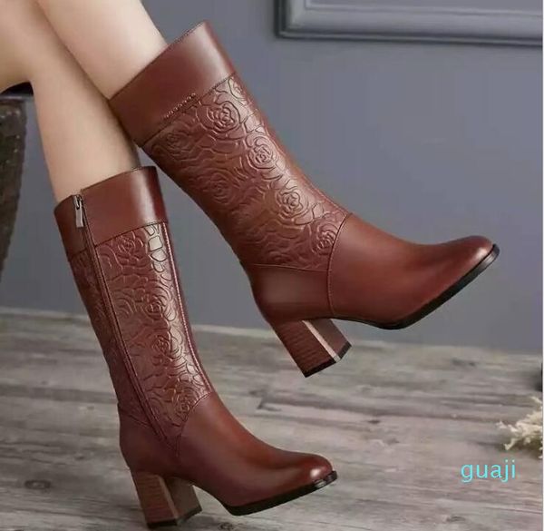 

winter women mid-calf boots style pointed toe solid shoes ladies fashion casual zipper leather women shoes, Black