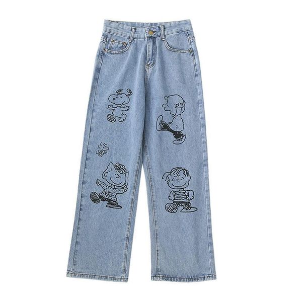 

y2k summer fashion cartoon womens jean print denim long trousers loose casual ladies streetwear bottoms pants straight leg, Blue