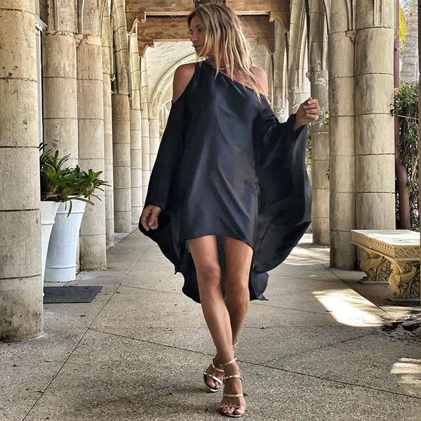 

casual dresses for women 2021 europe america sloping shoulder bat sleeve beach vacation big swing dress street fashion, Black;gray