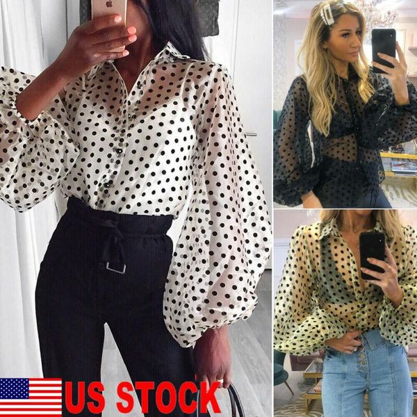 

women v neck puff sleeve polka dot ladies organza blouse shirts women's blouses &, White