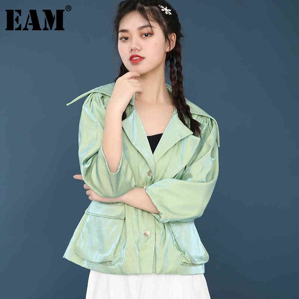 [EAM] Gevşek Fit Yeşil Cep Shining Kısa Ceket Yaka Uzun Kollu Kadın Ceket Moda Sonbahar Kış JH5820 210512