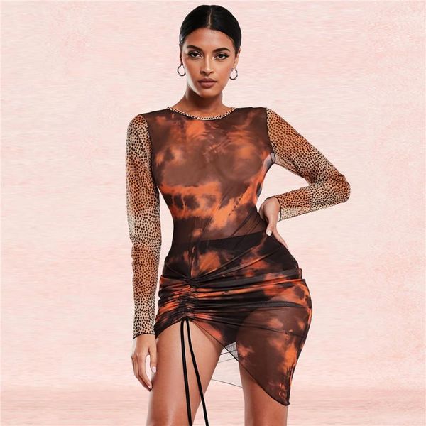 

casual dresses women o-neck long sleeves mech print patchwork short mini vestido female spring fall ruched hem slim dress, Black;gray