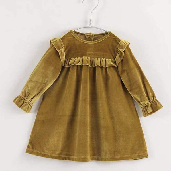 

girl's dresses girls autumn winter solid color long sleeve toddler velor sweet children velvet clothes princess ruffle 5b41, Red;yellow