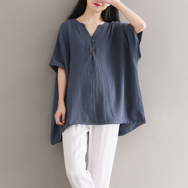 

dress style of summer arts women batwing manga releases t-shirt 100% cotton button with low v casual shirt femme size v271, Black;gray