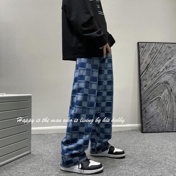 

men's jeans japan style vintage plaid hip hop denim pants autumn men male straight loose streetwear baggy cowboy trousers, Blue