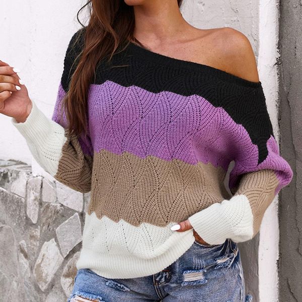 

women's sweaters woman knitted autumn and winter slash o neck stitching color long sleeve clothing loose pollover for female 2021, White;black