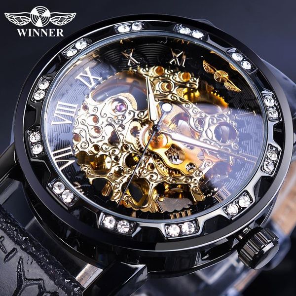 

winner fashion men black hand wind mechanical watch rhinestone skeleton roman analog leather band business luminous male clock wristwatches, Slivery;brown