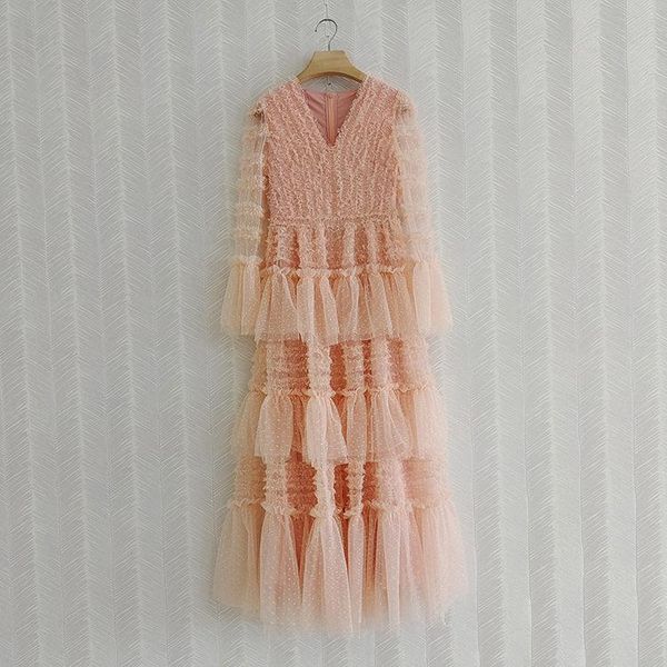 

casual dresses 2021 autumn winter wedding party gown women v-neck polka dot print cascading ruffle flower pink green long dress, Black;gray