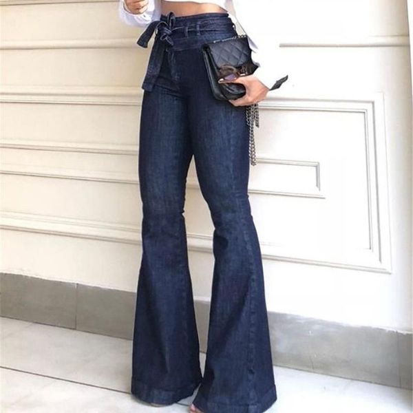

women's jeans fashion little stretch full length flare pants denim female blue autumn high waist lace up boot cut cords trousers