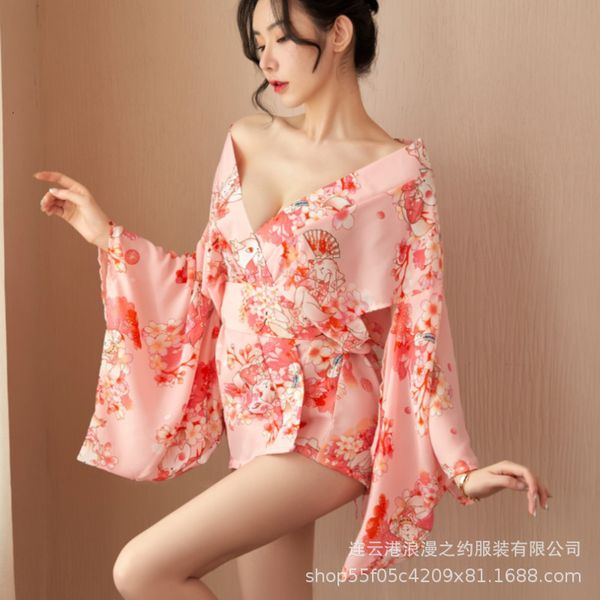 

summer chiffon suit japane printed large bathrobe pajamas underwear girls kimono 137, Red;black