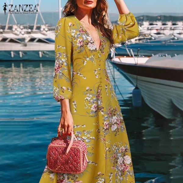 

casual dresses 2022 autumn bohemia printed women dress ladies puff sleeve maxi sundress deep v neck a-line vestidos holiday robe, Black;gray