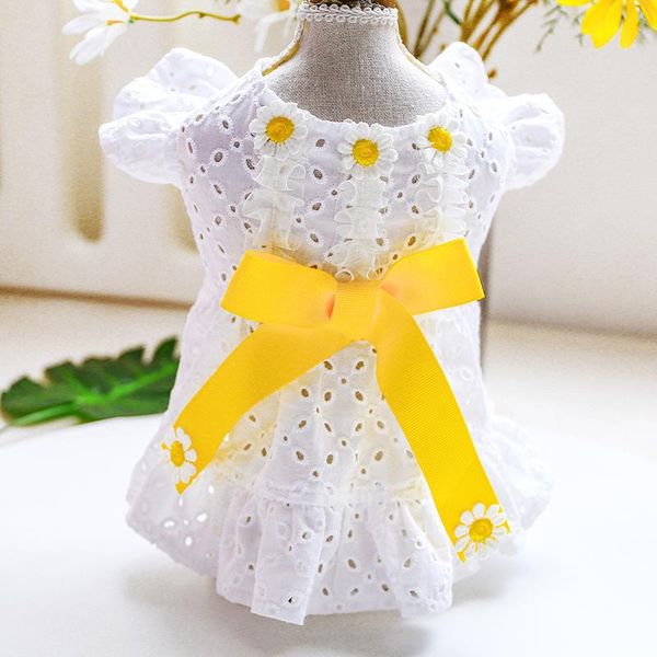 

pet clothes for spring and summer white color xs-xl sizes hollow decor sunflower daisy flower princess skirt dog clothing apparel