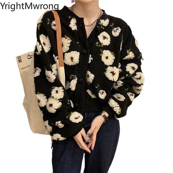 

women's jackets o neck flower wool button jacket slim crop women korean fashion cute short coat autumn warm cropped aesthetic clothes s, Black;brown