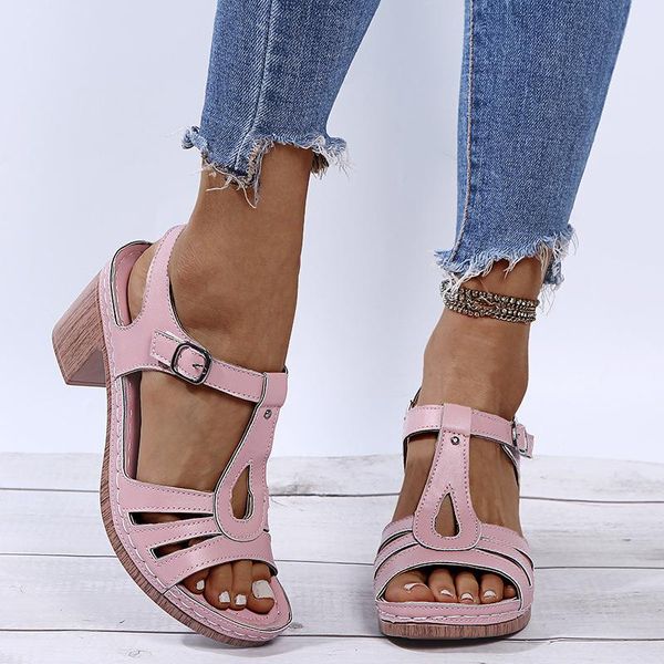

summer shoes women high heels sandals casual woman heeled peep toe mother square heel 7.5cm dress, Black
