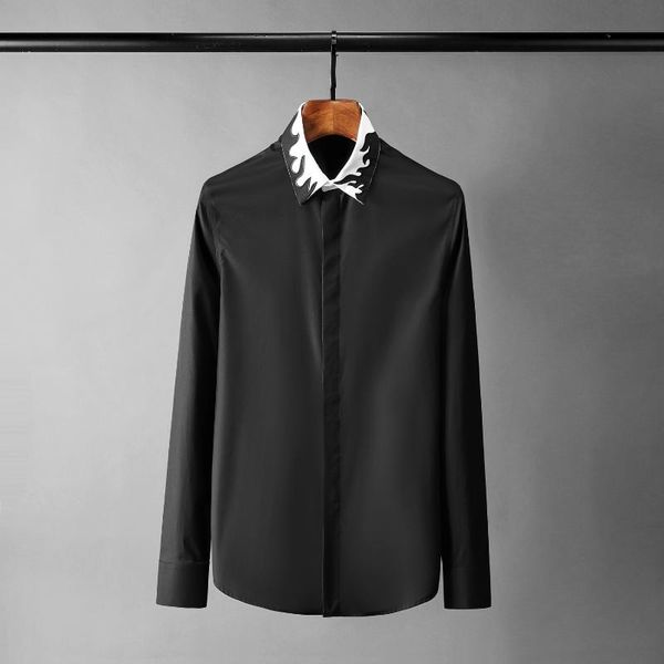 

flame embroidered mens shirts luxury long sleeve black white casual man plus size 4xl slim fit party male men's, White;black