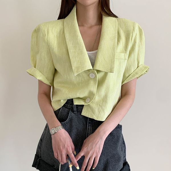 

[ewq]new summer fashion retro temperament yellow lapel two buttons loose solid color casual all-match short jacket women 16f0933 210423, Black;brown