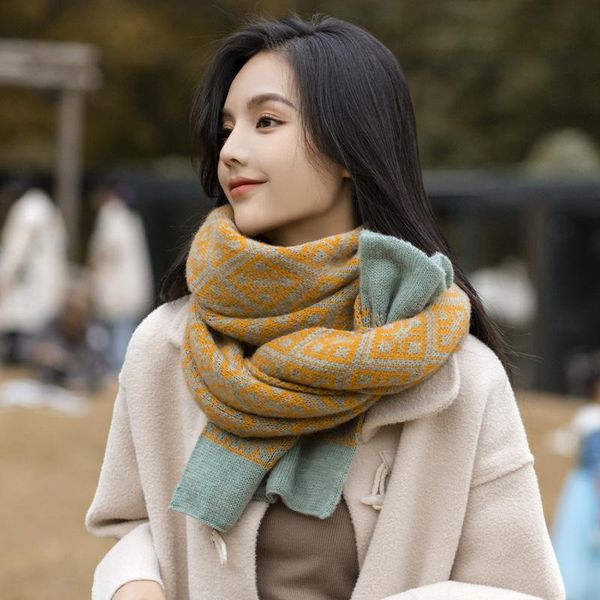 

scarf women's winter neck retro diamond plaid korean versatile shawl knitting wool student cashmere scarves, Blue;gray
