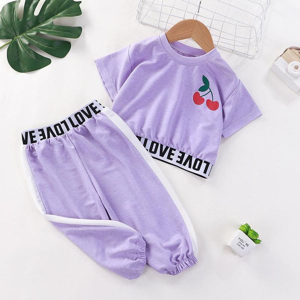 

summer girls short-sleeved suit letter t-shirt + pants cotton sports two-piece clothing sets, White