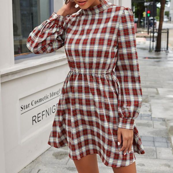 

casual dresses fashion spring autumn women retro plaid print dress bohemian long sleeve mock stand neck high waist flare mini red, Black;gray