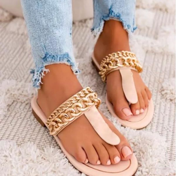 

slippers 2021 summer women's casual clip toe flat sandals metal chain decoration fashion personality comfortable sell, Black