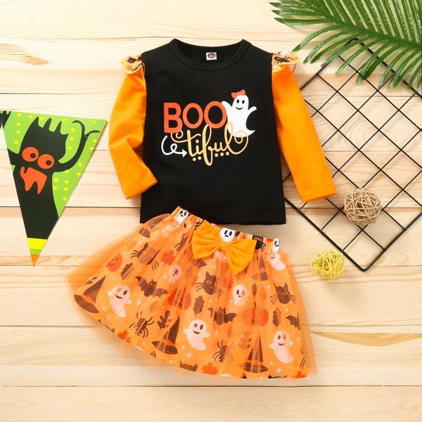 

clothing sets cute kids halloween clothes toddler girl letter print o-neck long sleeve tulle skirt 2pcs oufits for 1-4y, White