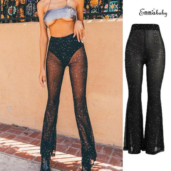 

women's pants & capris women beach mesh sheer long fashion shiny sequin wide leg flared ladies bikini cover up female black trousers, Black;white