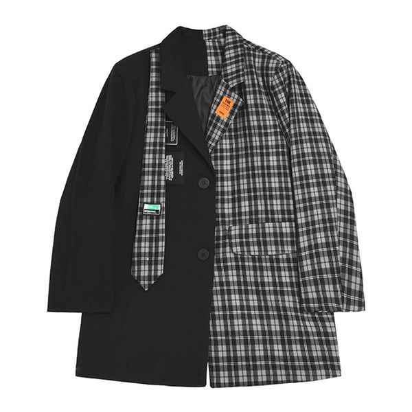 

women's suits & blazers black plaid oversize spliced women elegant lapel long sleeve loose fit jackets fashion tide spring autumn 2021, White;black