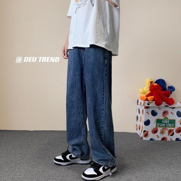 

men's jeans drawstring fashion casual baggy blue men streetwear loose hip-hop straight denim trousers mens large size
