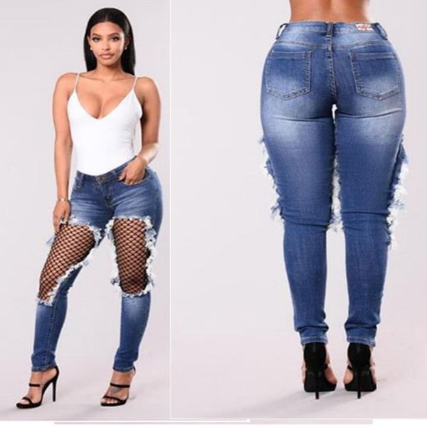 

Fashion A Pair Of Jeans Hole Women' Fishnet Stitching Leg Pants, Deep blue