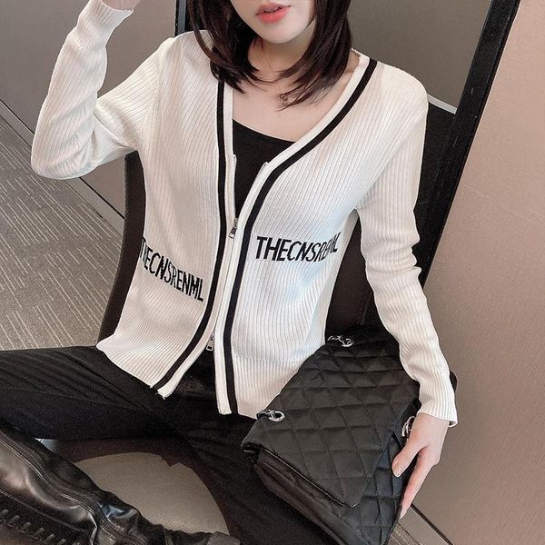 

women's knits & tees 2021 autumn korean version of v-neck letter knit cardigan slim long-sleeved sweater small coat trendy thin, White