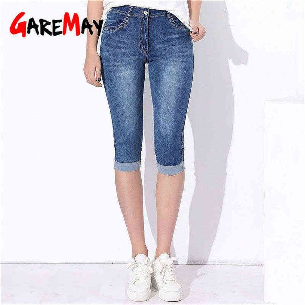 

garemay jeans woman breeches female stretch knee length denim shorts pants women with high waist summer plus size skinny s 211129, Blue