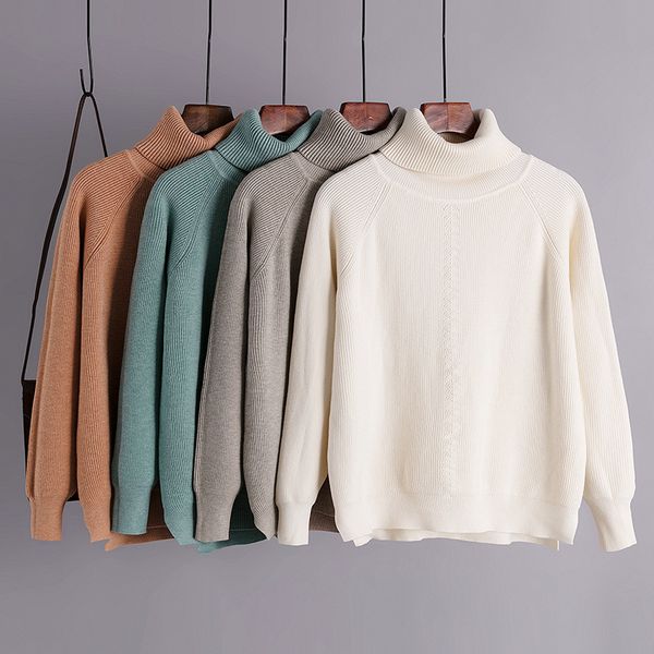 

turtleneck knitted sweater women casual loose long sleeve solid jumper autumn winter thick warm fashion split pullovers 210419, White;black