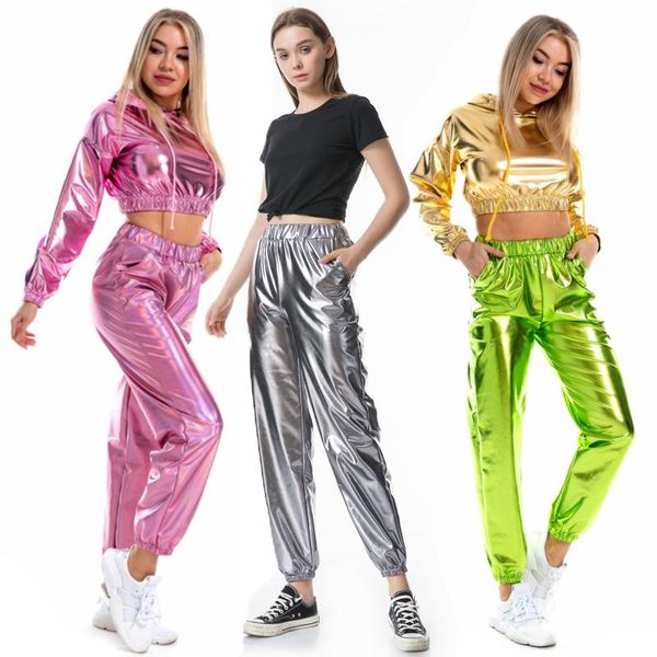 

women's pants & capris xckny loose casual street metal laser color pants, shiny mirage bright leather pu posensitive, Black;white