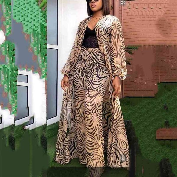 

african ladies fashion chiffon clothing sets printed outwears & pants long elegant for evening night club wear 3 pieces 210510, White