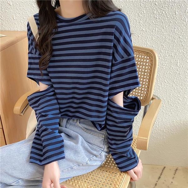 

women's t-shirt 2021 spring and autumn striped long-sleeved design sense niche fashion loose thin open sleeve, White